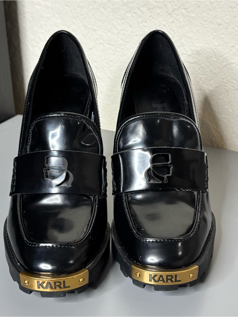 KARL Lagerfeld Black Patent Loafers with Gold Nameplate size 8